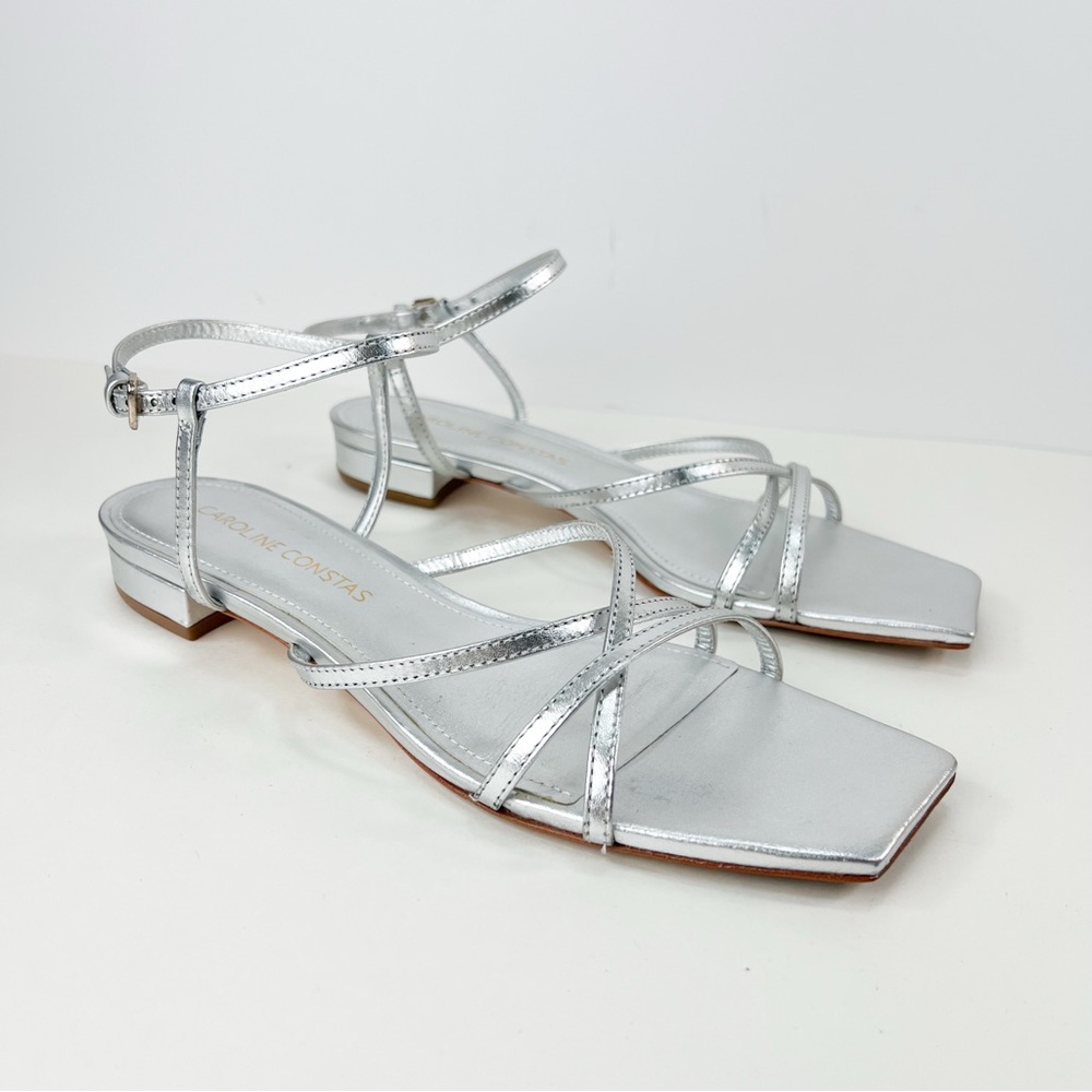 Caroline Constas Morgan Metallic Silver Square Toe Strappy Sandal size 39 / US 9